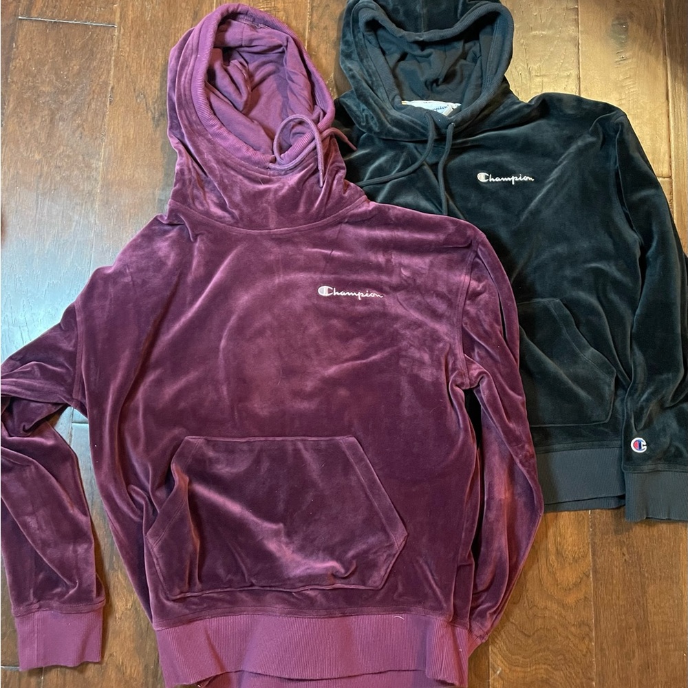 Two Champion Velour Hoodies, Both Medium